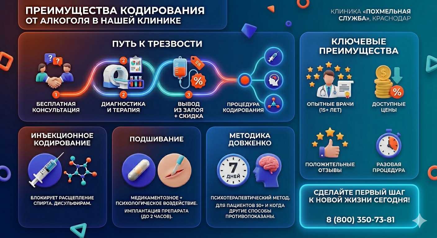 Инфографика о методах кодирования от алкоголя в Краснощеково: инъекции, подшивание, метод Довженко. Преимущества клиники и этапы лечения.