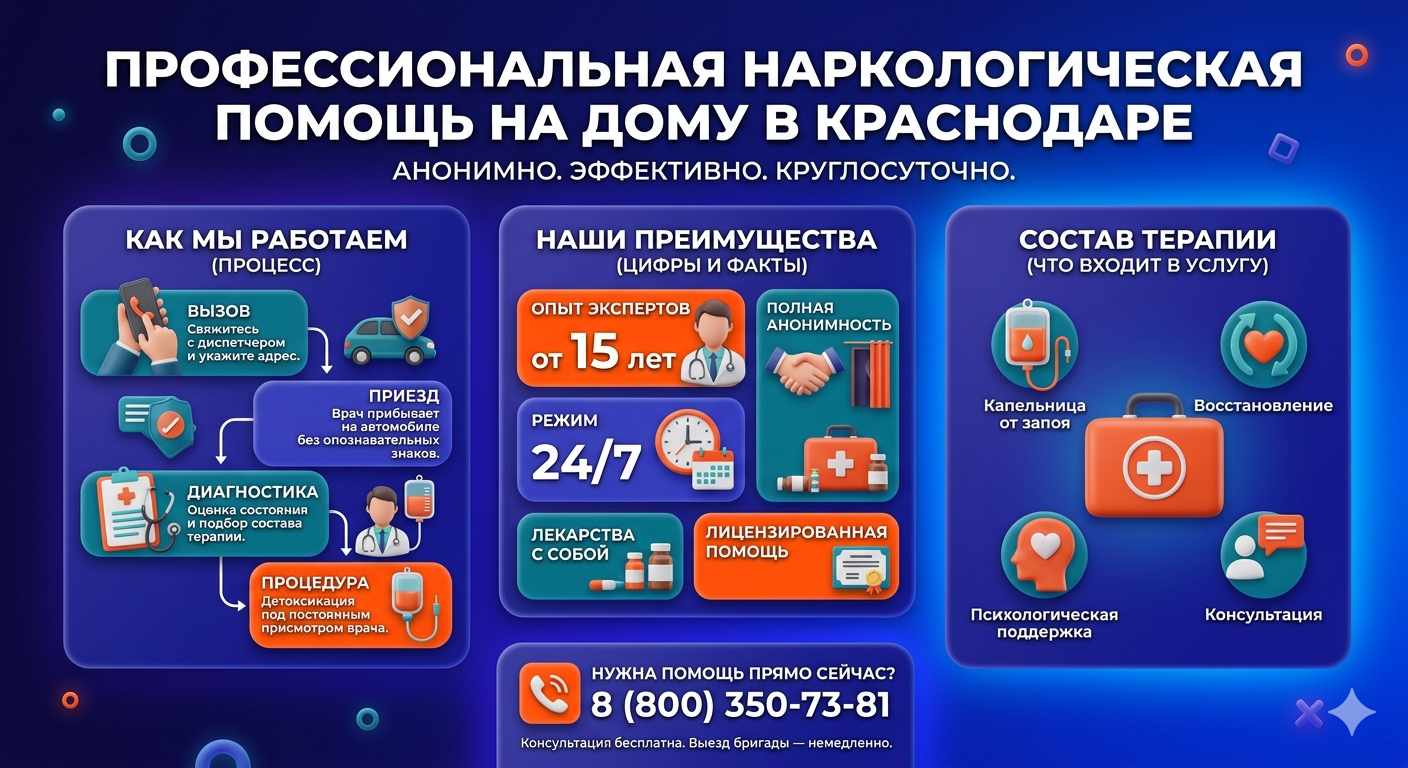 Инфографика о принципах лечения алкоголизма на дому в Краснощеково: этапы вызова нарколога, преимущества анонимной детоксикации и состав медицинской помощи.